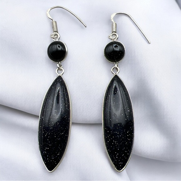 New Blue Sandstone w Black Onyx Long Silver Overlay Hook Earrings - Picture 1 of 5